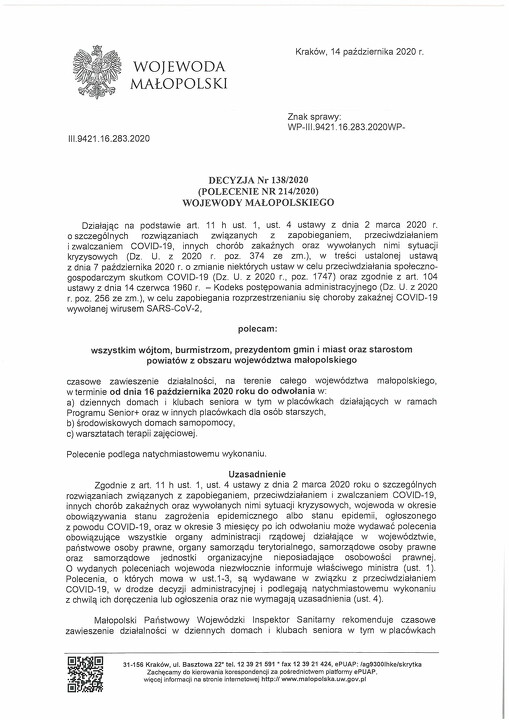 Decyzja Wojewody Małopolskiego - Zawieszenie działalności ŚDS